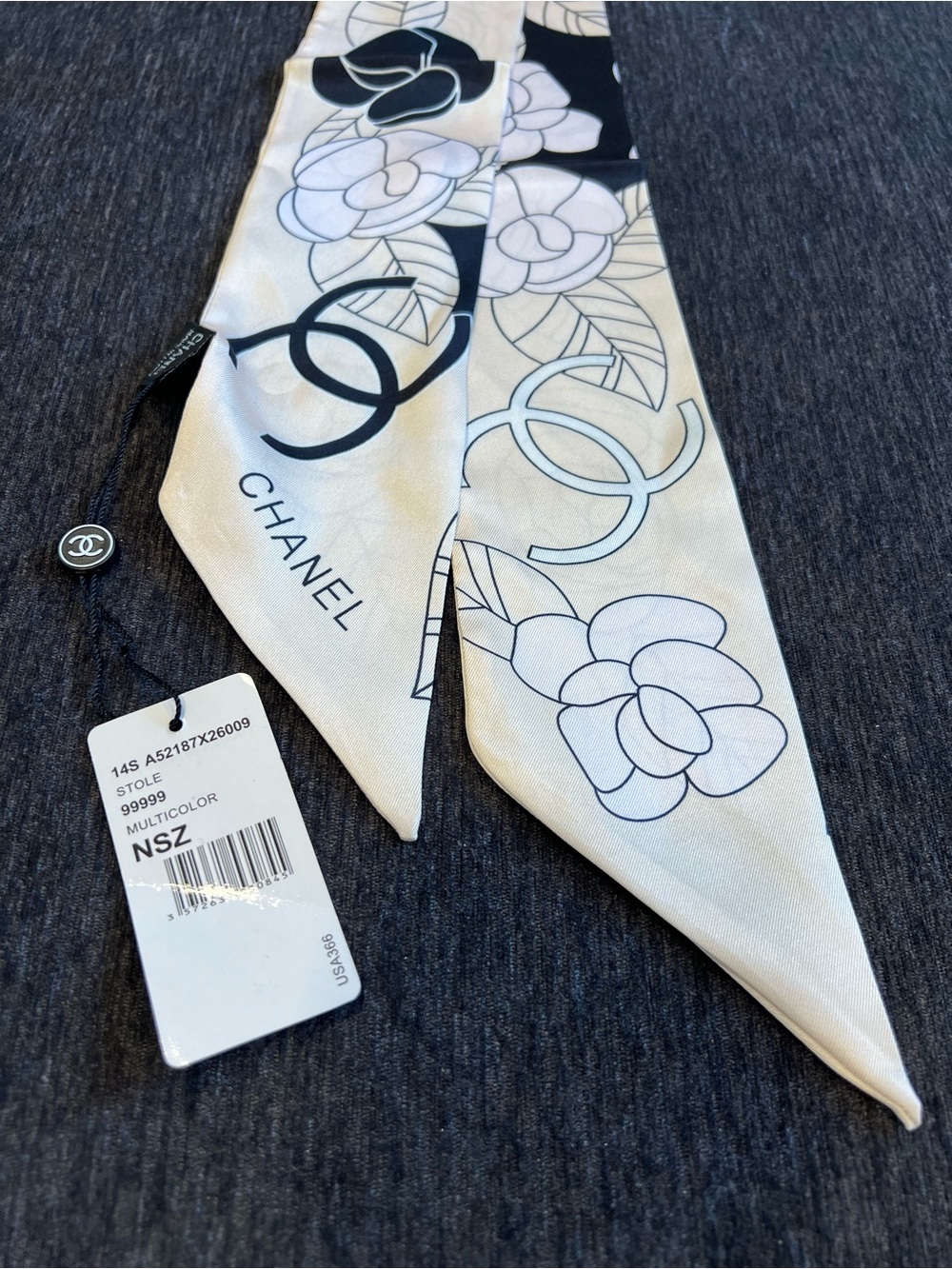 CHANEL Cream & Black Camellia Print Silk Twilly Scarf